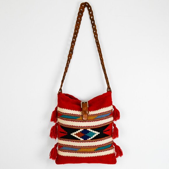 Vintage Aztec Handmade Wool and Leather Tote Handbag with Tassel Details - Picture 2 of 6